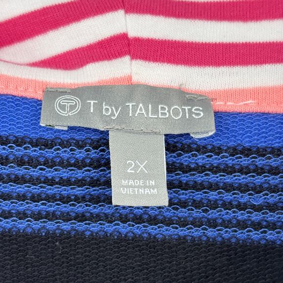 T by Talbots Sweatshirt Size 2X Blue Pink Stripe Pullover Drawstring Funnel Neck - Picture 4 of 10